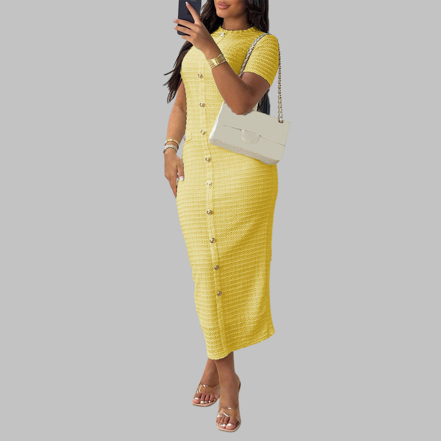 Regan | Vestido Elegante Cuello Redondo Botones Decorativos