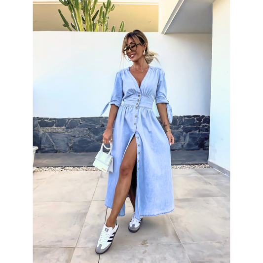 Maelle | Vestido Midi Elegante de Mezclilla con Cuello en V