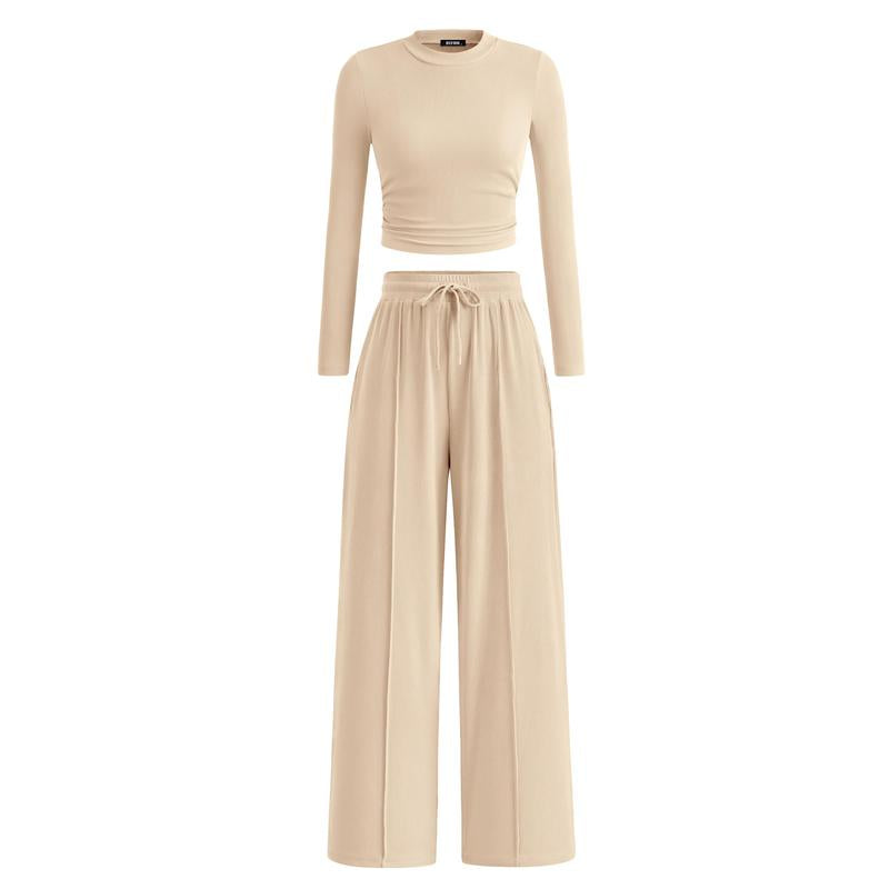 Mirela | Conjunto de Top Corto de Punto Acanalado de Manga Larga y Pantalones a Juego