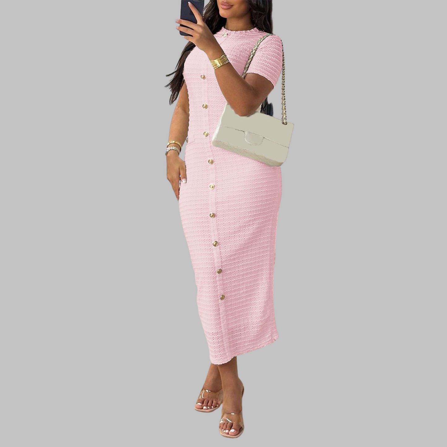 Regan | Vestido Elegante Cuello Redondo Botones Decorativos