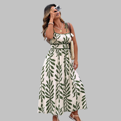 Rahira | Vestido Maxi Sin Mangas Estampado Hojas Verano