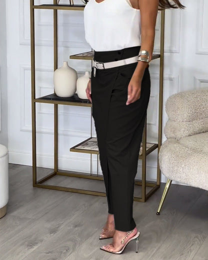 Emilia | Pantalones de Talle Alto con Solapa y Cinturón