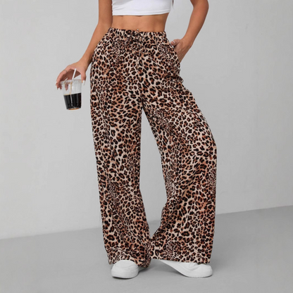 Syala | Pantalones Vintage de Pernera Ancha con Estampado Leopardo y Lazo Frontal