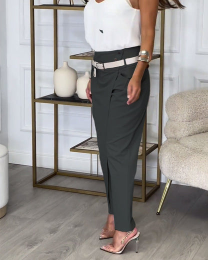 Emilia | Pantalones de Talle Alto con Solapa y Cinturón