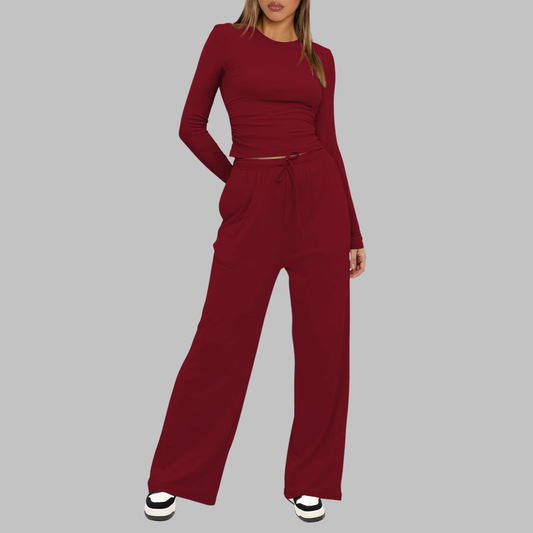 Janny | Conjunto Casual de Top de Manga Larga y Pantalones de Pernera Ancha