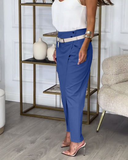 Emilia | Pantalones de Talle Alto con Solapa y Cinturón