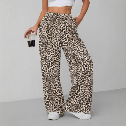 Syala | Pantalones Vintage de Pernera Ancha con Estampado Leopardo y Lazo Frontal