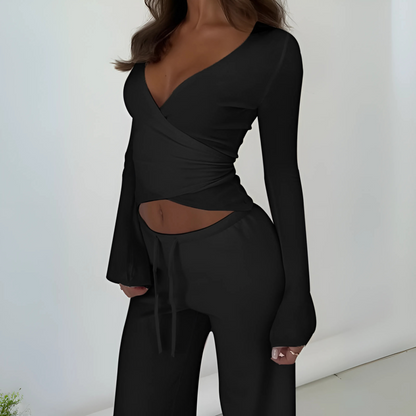 Letisa | Conjunto Chic de Top con Cuello en V de Manga Larga y Pantalones