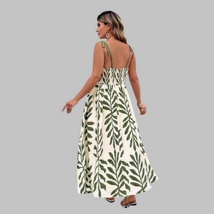 Rahira | Vestido Maxi Sin Mangas Estampado Hojas Verano