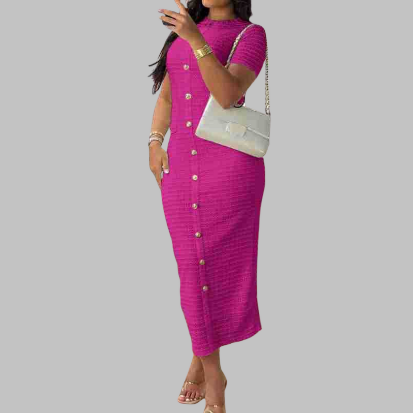 Regan | Vestido Elegante Cuello Redondo Botones Decorativos