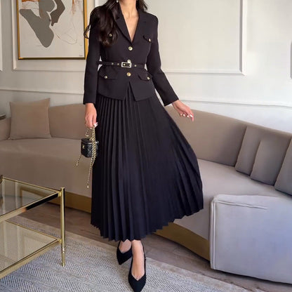 Emilie | Conjunto de Blazer con Cinturón y Falda Plisada Chic