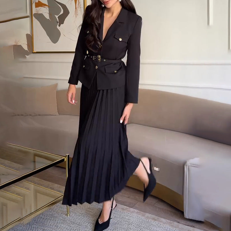 Emilie | Conjunto de Blazer con Cinturón y Falda Plisada Chic