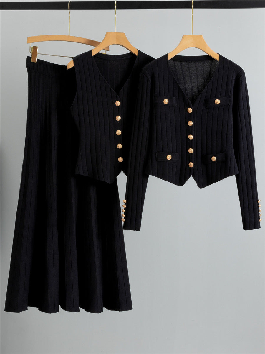 Xandy | Conjunto Elegante de Chaleco con Cuello en V y Botones y Falda de Talle Alto