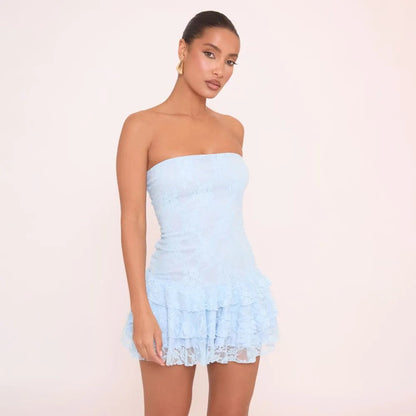 Evangeline | Vestido Mini Sin Tirantes Volantes