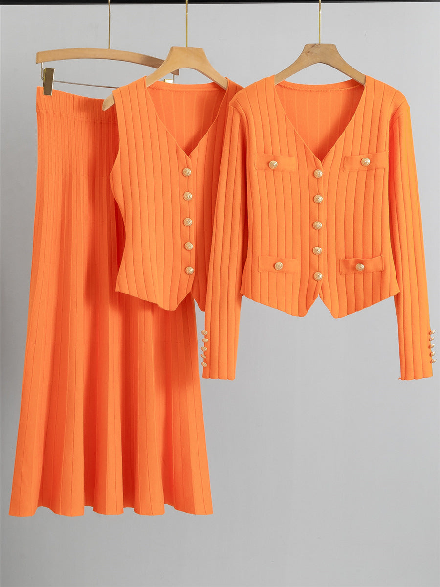 Xandy | Conjunto Elegante de Chaleco con Cuello en V y Botones y Falda de Talle Alto