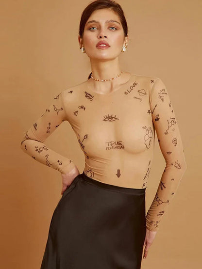 Janella | Body de Malla con Estampado Moderno
