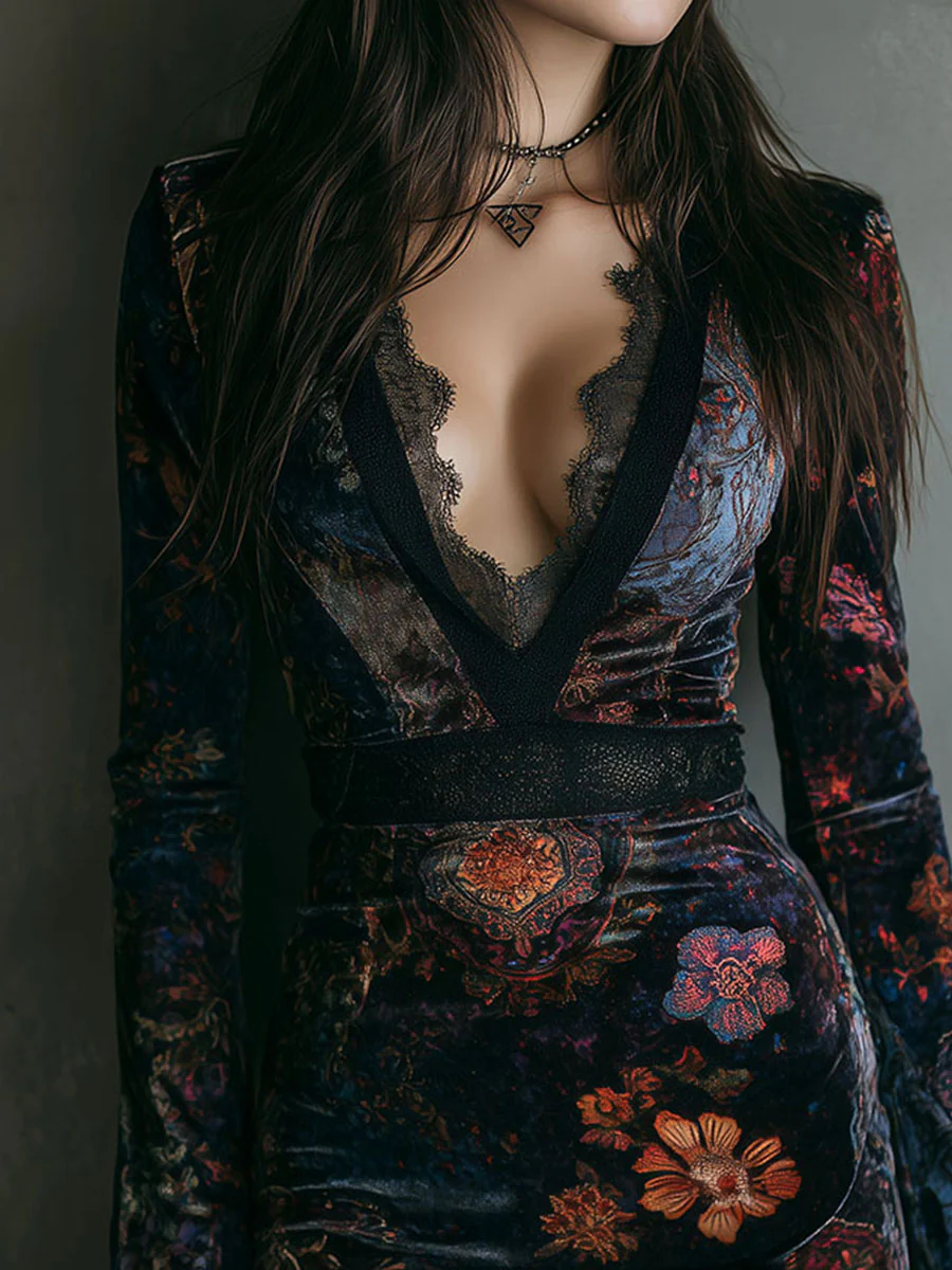 Grazia | Vestido Mini de Terciopelo con Estampado Floral