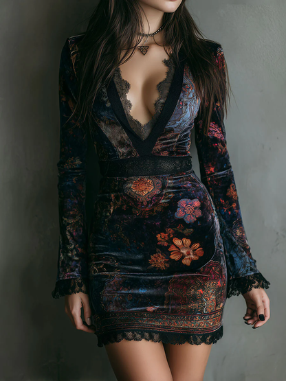 Liora | Minivestido Terciopelo Floral Encaje Escote V