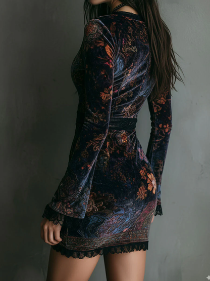 Liora | Minivestido Terciopelo Floral Encaje Escote V