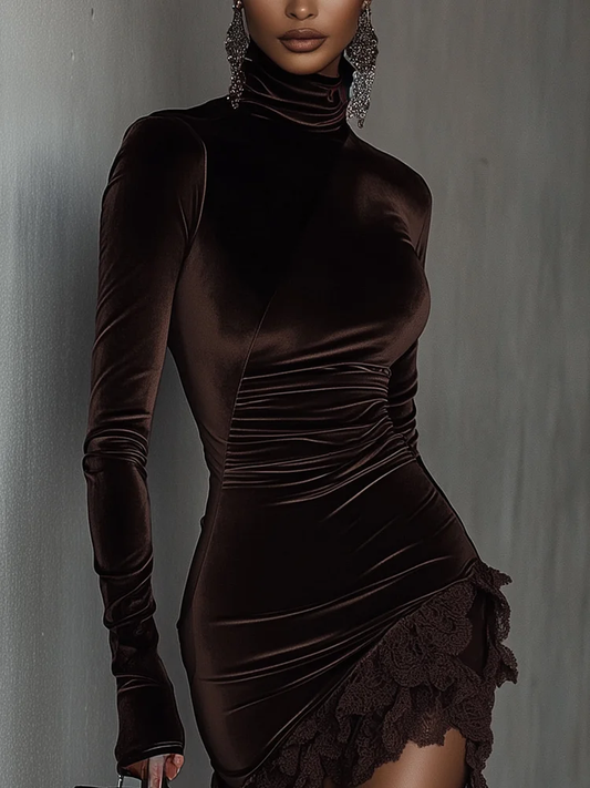 Dalia | Vestido Mini Terciopelo Chocolate Encaje Cuello Alto