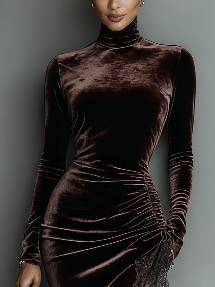 Isabella | Vestido Maxi de Terciopelo Chocolate con Encaje