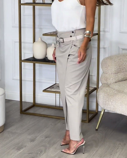 Emilia | Pantalones de Talle Alto con Solapa y Cinturón