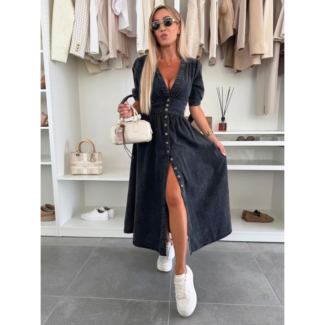 Maelle | Vestido Midi Elegante de Mezclilla con Cuello en V