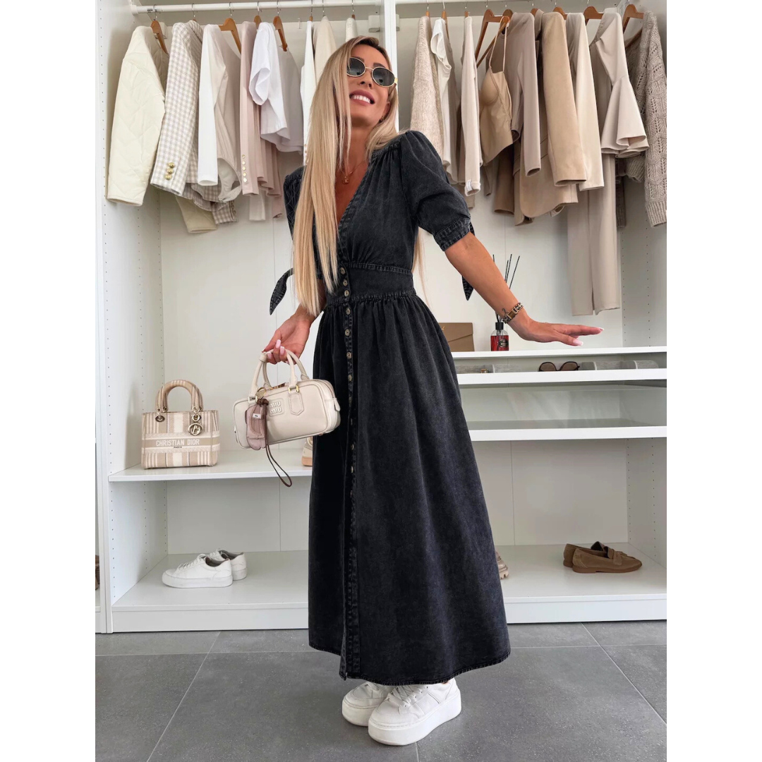 Maelle | Vestido Midi Elegante de Mezclilla con Cuello en V
