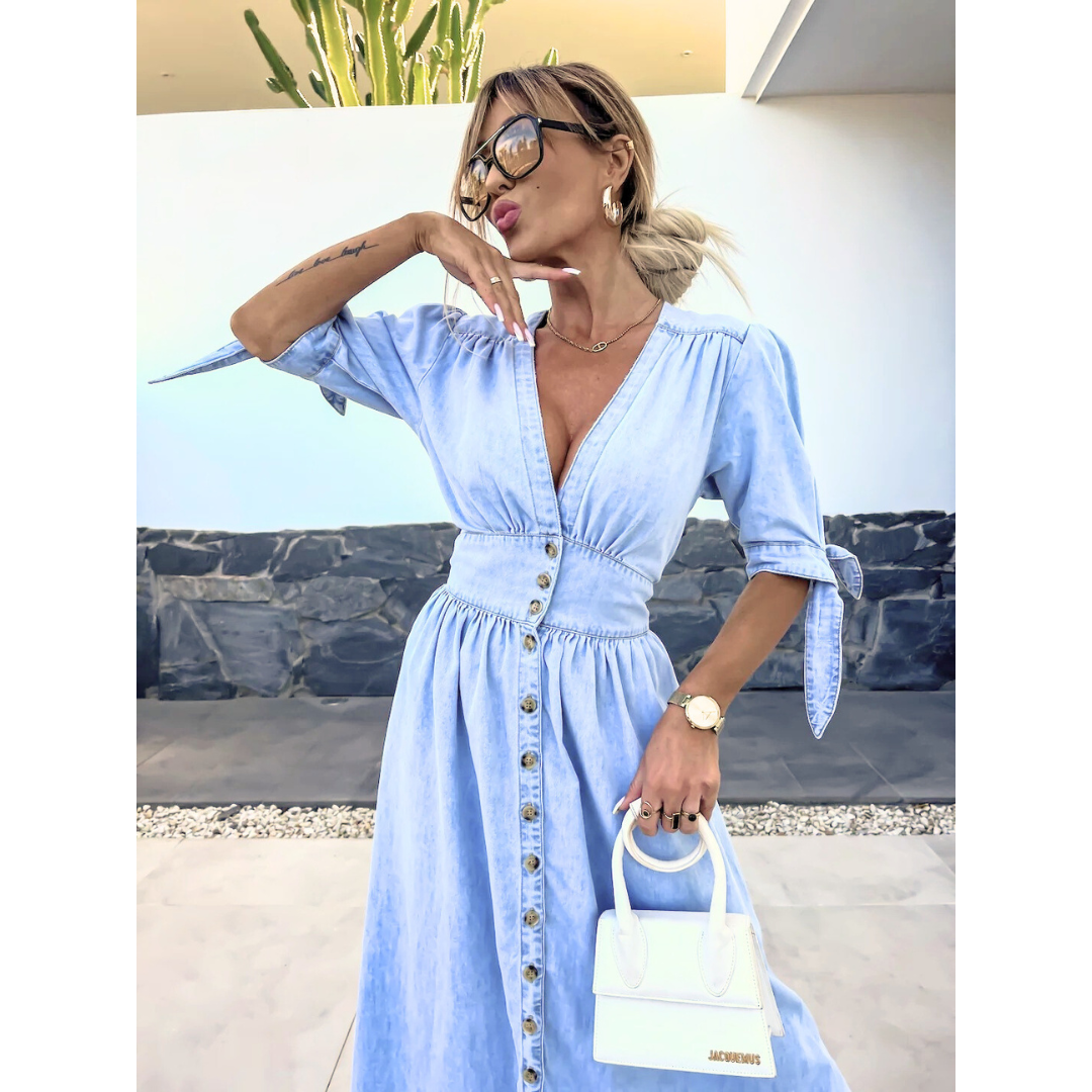 Maelle | Vestido Midi Elegante de Mezclilla con Cuello en V
