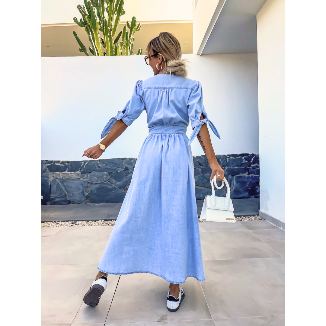 Maelle | Vestido Midi Elegante de Mezclilla con Cuello en V