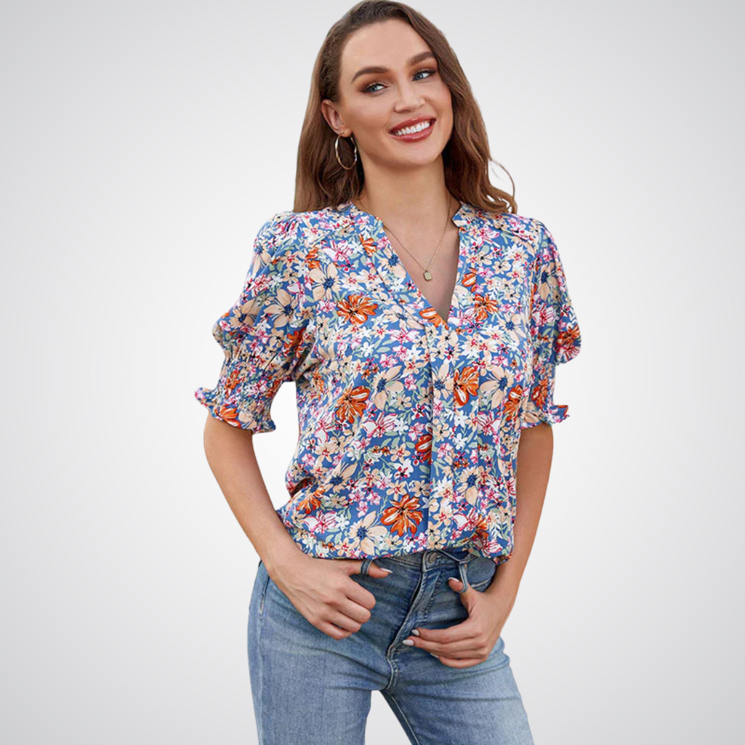 Monica | Blusa Elegante con Cuello en V y Mangas Abullonadas
