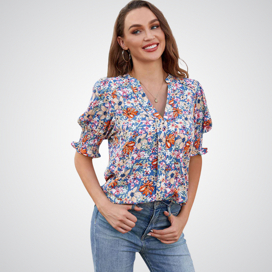 Monica | Blusa Elegante con Cuello en V y Mangas Abullonadas