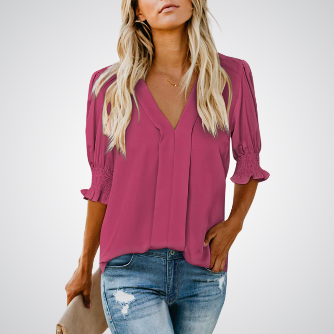 Monica | Blusa Elegante con Cuello en V y Mangas Abullonadas