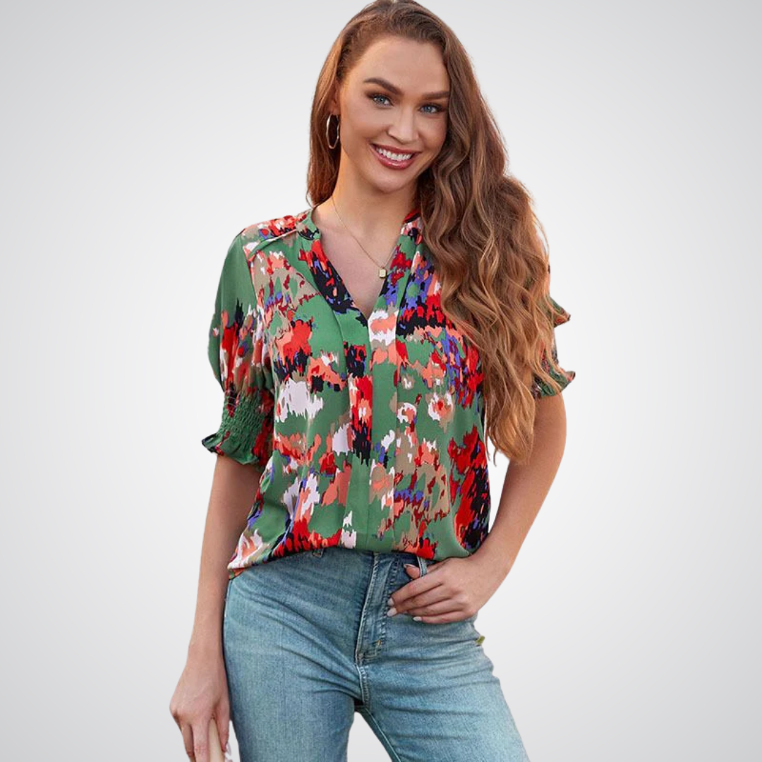 Monica | Blusa Elegante con Cuello en V y Mangas Abullonadas