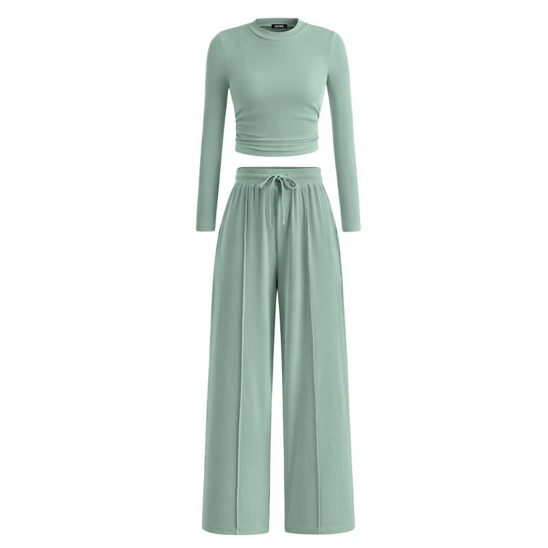 Mirela | Conjunto de Top Corto de Punto Acanalado de Manga Larga y Pantalones a Juego