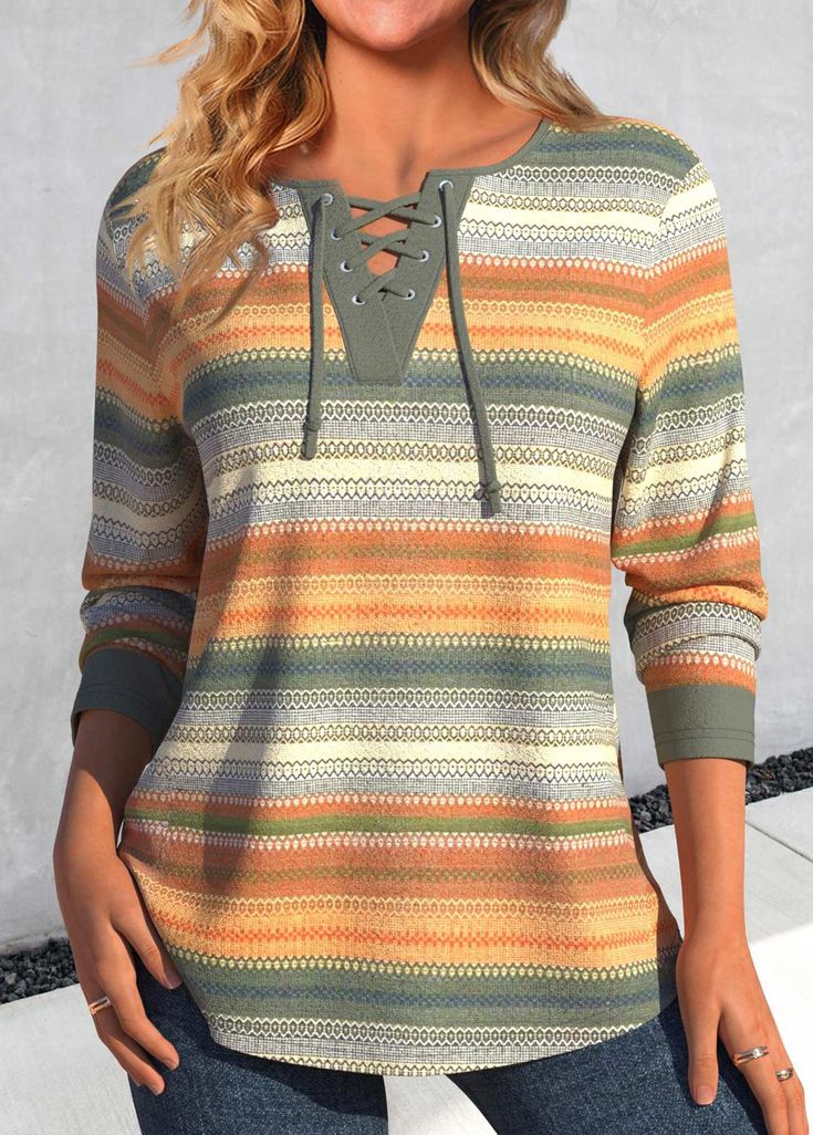 Maëlle | Camiseta de Manga Larga con Estampado y Cuello en V de Contraste