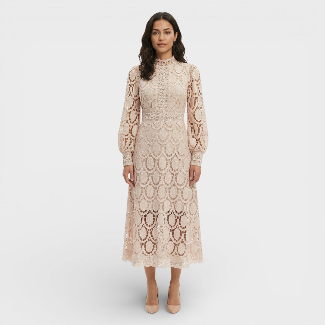 Vestido Midi Encaje Cuello Alto