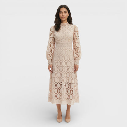 Vestido Midi Encaje Cuello Alto