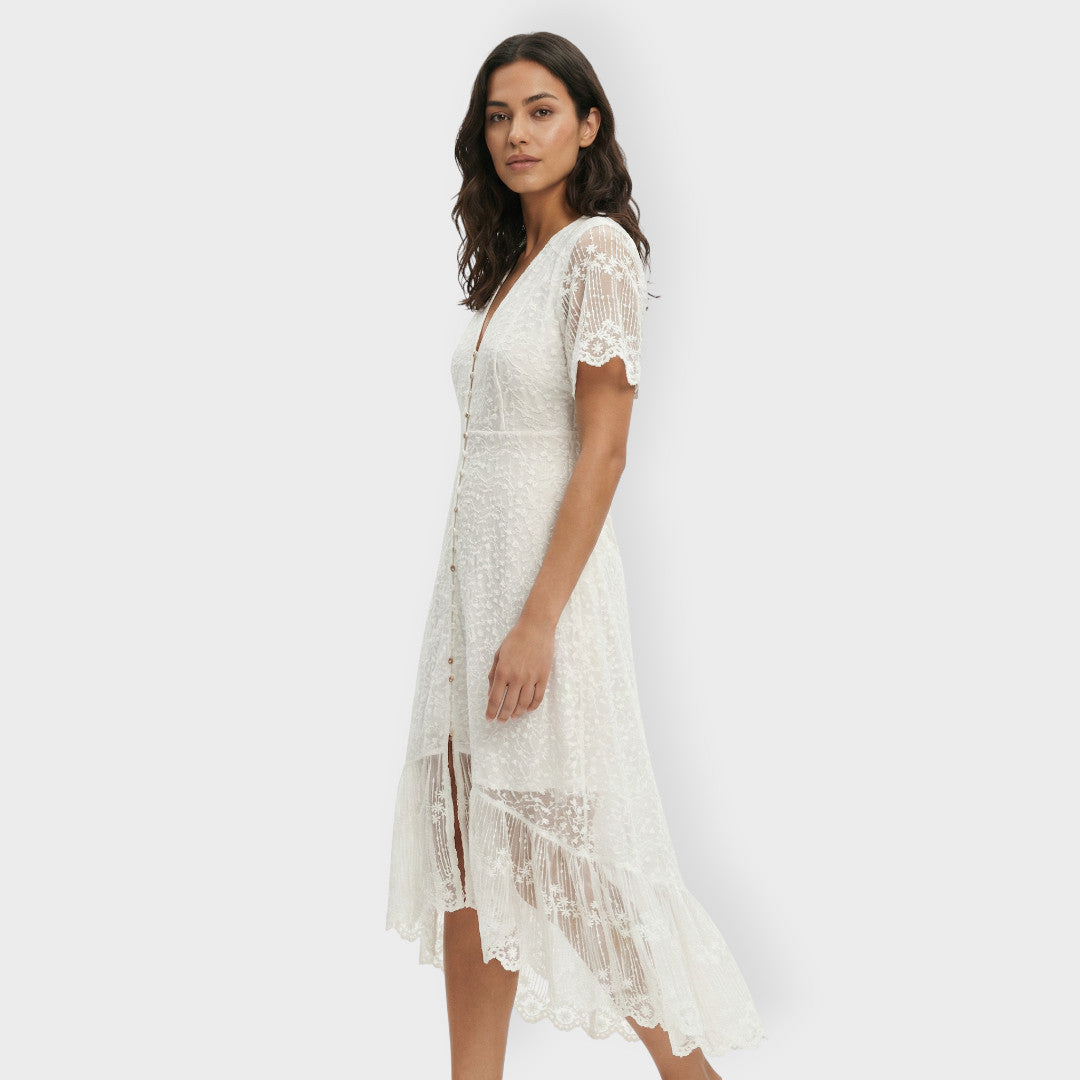 Vestido Blanco Mujer Botones Encaje