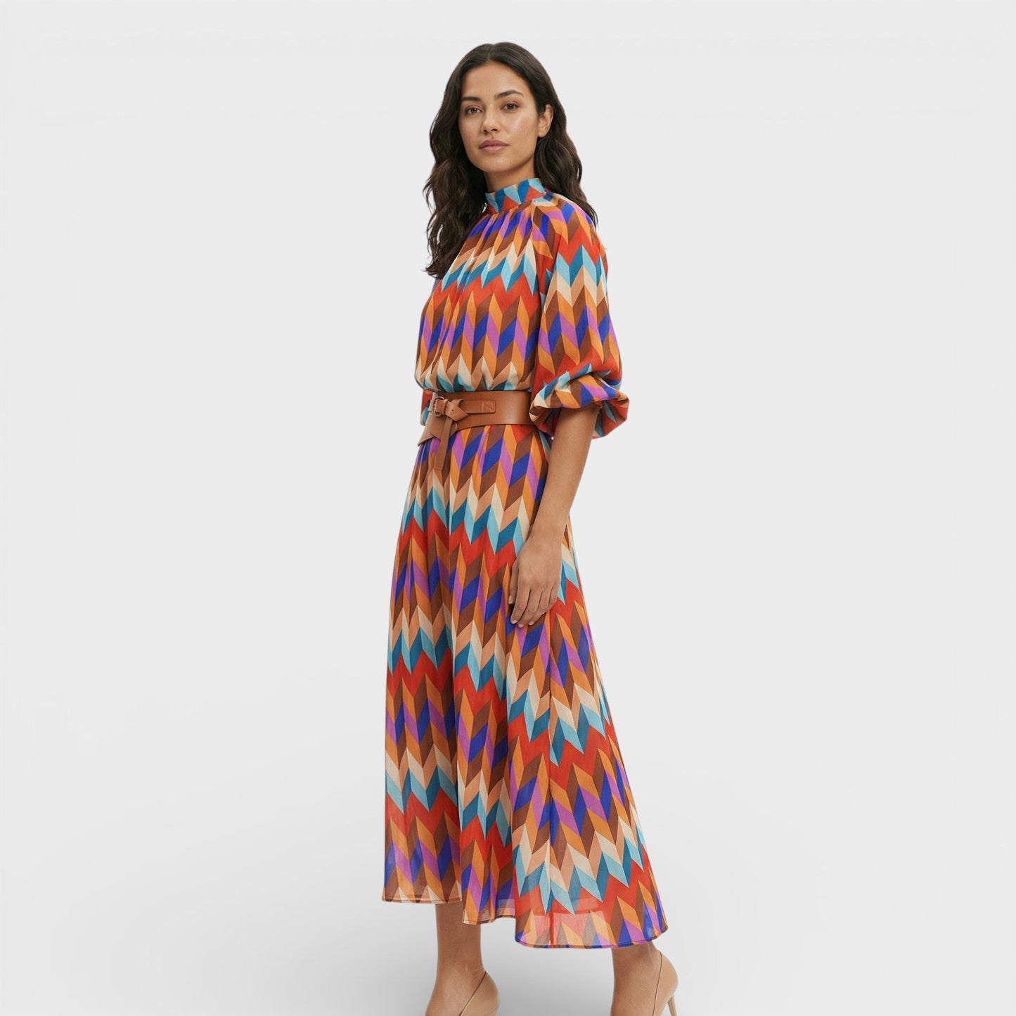 Vestido Midi Colorido Con Cinturón