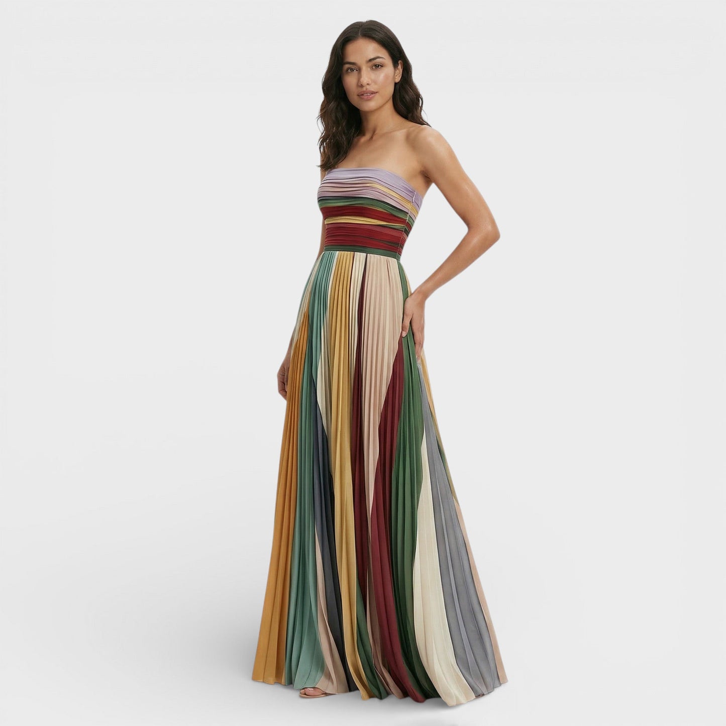 Vestido Maxi Plisado Hombros Descubiertos