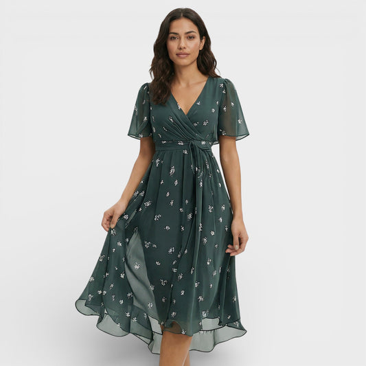 Vestido Midi Manga Corta Escote Pico