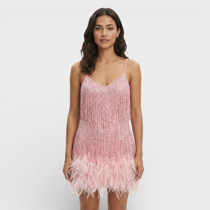 Vestido Mini Con Plumas Glamour