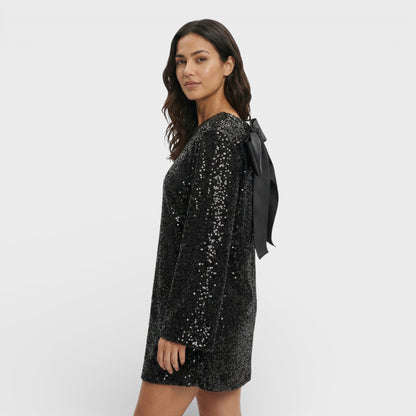 Vestido Mini Lentejuelas Lazo Satén