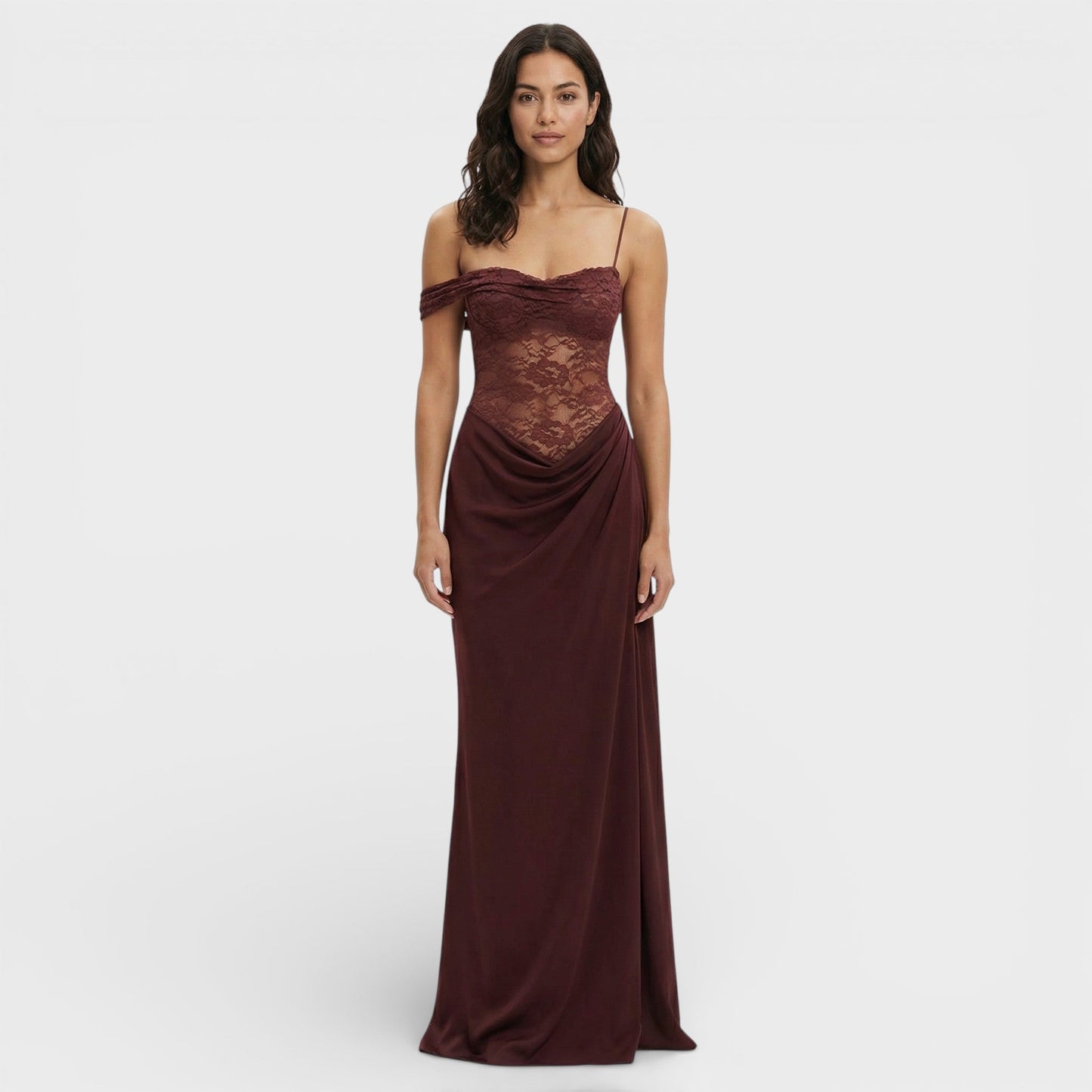 Vestido Largo Encaje Un Hombro Mujer