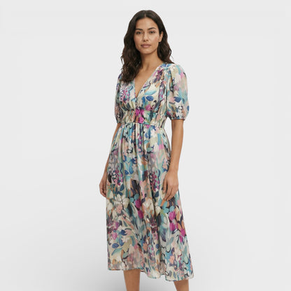 Vestido Midi Floral Mangas Abullonadas