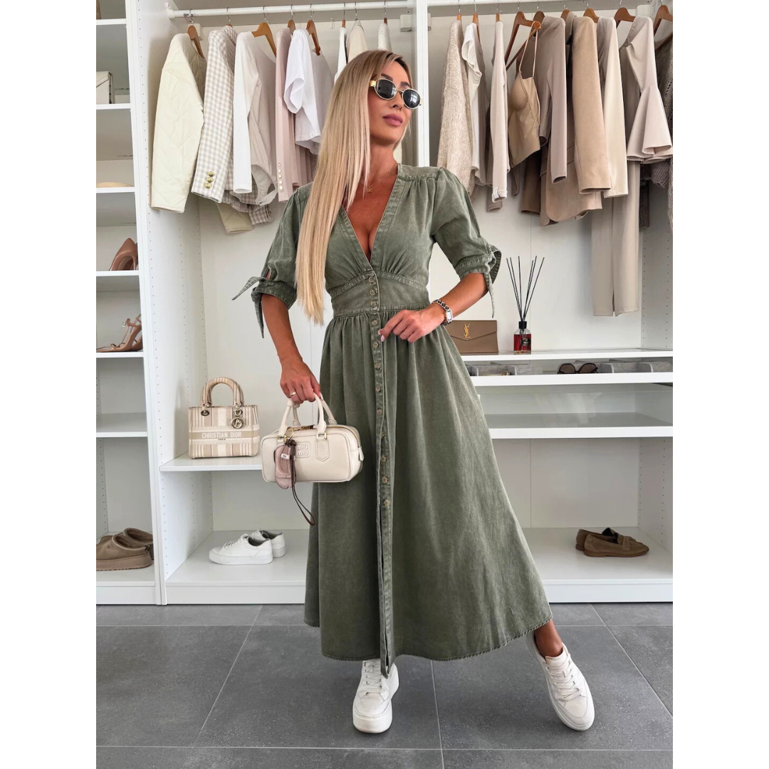 Maelle | Vestido Midi Elegante de Mezclilla con Cuello en V