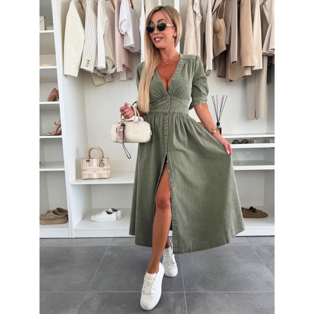 Maelle | Vestido Midi Elegante de Mezclilla con Cuello en V