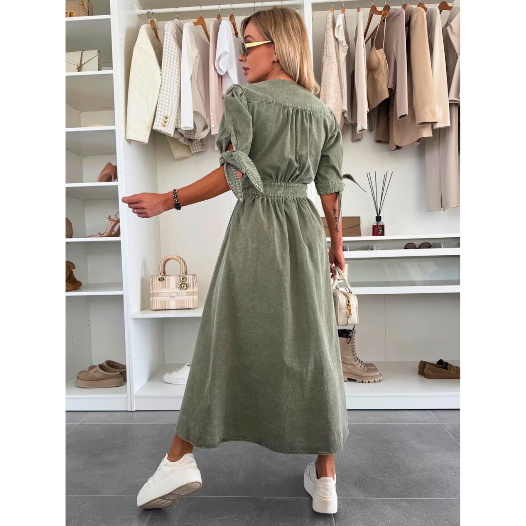 Maelle | Vestido Midi Elegante de Mezclilla con Cuello en V