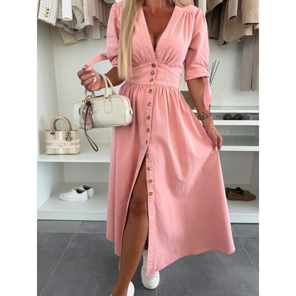 Maelle | Vestido Midi Elegante de Mezclilla con Cuello en V